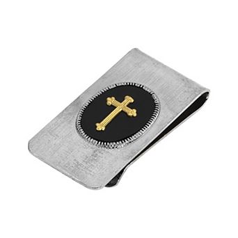 Men's Symbols of Faith Silver Tone Black Enamel Gold Tone Cross Money Clip