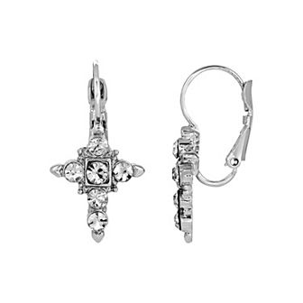 Symbols of Faith Silver Tone Simulated Crystal Cross Earrings