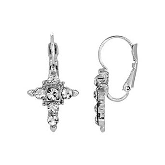 Symbols of Faith Silver Tone Simulated Crystal Cross Earrings