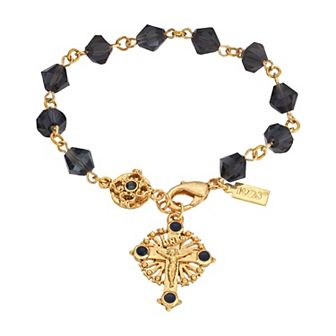 Symbols of Faith 14k Gold-Dipped Blue Bead "Windows to Heaven" Rosary Crucifix Bracelet