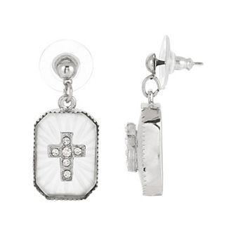 Symbols of Faith Silver-Tone Simulated Crystal Cross Drop Earrings