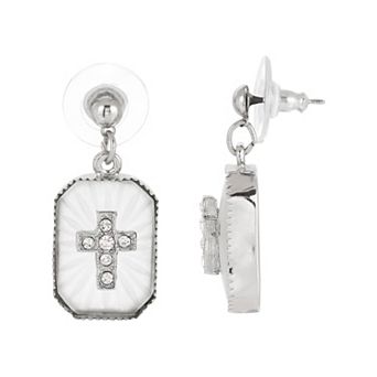 Symbols of Faith Silver-Tone Simulated Crystal Cross Drop Earrings