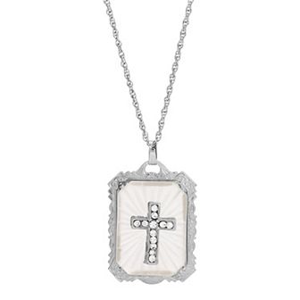 Symbols of Faith Silver-Tone Frosted Stone with Crystal Cross Large Pendant Necklace