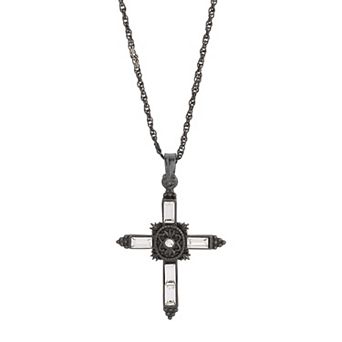 Symbols of Faith Black-Tone Black Crystal Cross Pendant Necklace