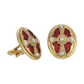 Symbols of Faith Gold Tone & Red Enamel Simulated Crystal Oval Cross Cuff Links