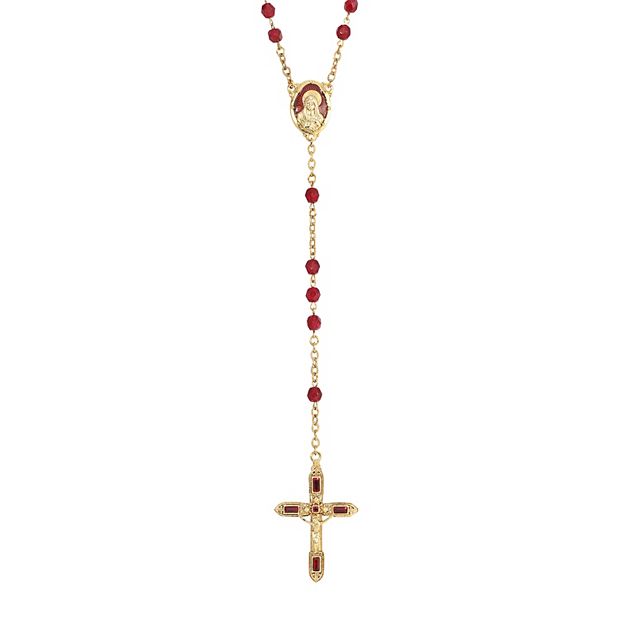 Symbols of Faith 14K Gold Dipped Red Bead and Red Enamel Rosary Necklace