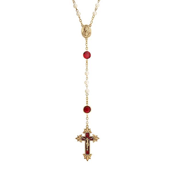 Symbols of Faith 14K GoldDipped Simulated Pearl Red Crystal and Enamel