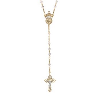 Symbols of Faith 14K Gold-Dipped Crystal Two Rings and Cross Medallion Wedding Rosary Necklace