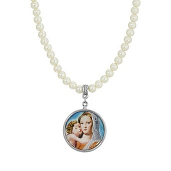 Symbols of Faith Mary and Child Faux Pearl Pendant