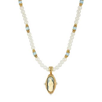 Symbols of Faith Pearl and Aqua Beaded Necklace with Blue Mary Cameo