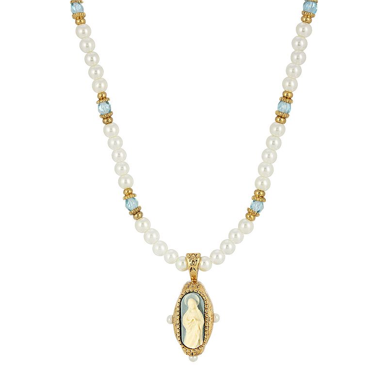 Symbols of Faith Pearl and Aqua Beaded Necklace with Blue Mary Cameo, Women's