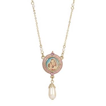 Symbols of Faith Pink Enamel Mary and Child Pendant Necklace