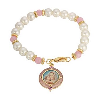 Symbols of Faith Faux Pearl Pink Bead Bracelet with Mary and Child Charm