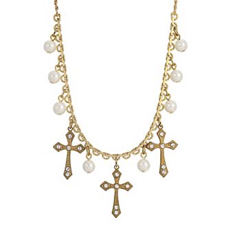 Symbols of Faith Triple-Cross Faux-Pearl Drop Necklace