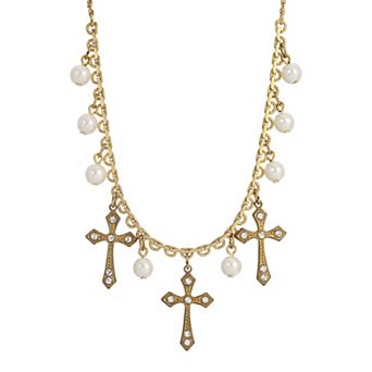 Symbols of Faith Triple-Cross Faux-Pearl Drop Necklace