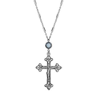 Symbols of Faith Silver-Tone Crystal Crucifix Necklace