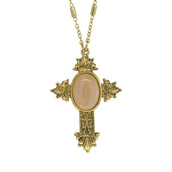 Symbols of Faith Oval Rose Quartz Cross Necklace