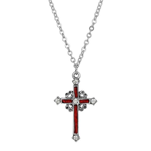 Vintage Enamel Red Satire Cross Necklace . 