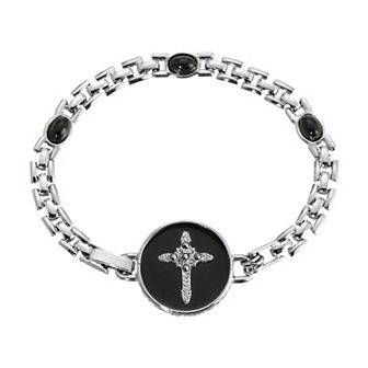 Symbols of Faith Round Black Enamel Cross Link Bracelet