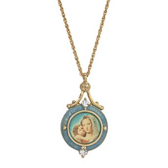 Symbols of Faith Blue Enamel Mary and Child Pendant Necklace