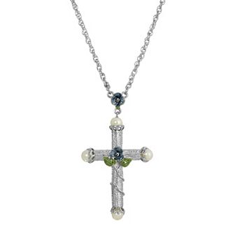 Symbols of Faith Blue Enamel Flower Cross Necklace