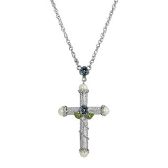 Symbols of Faith Blue Enamel Flower Cross Necklace