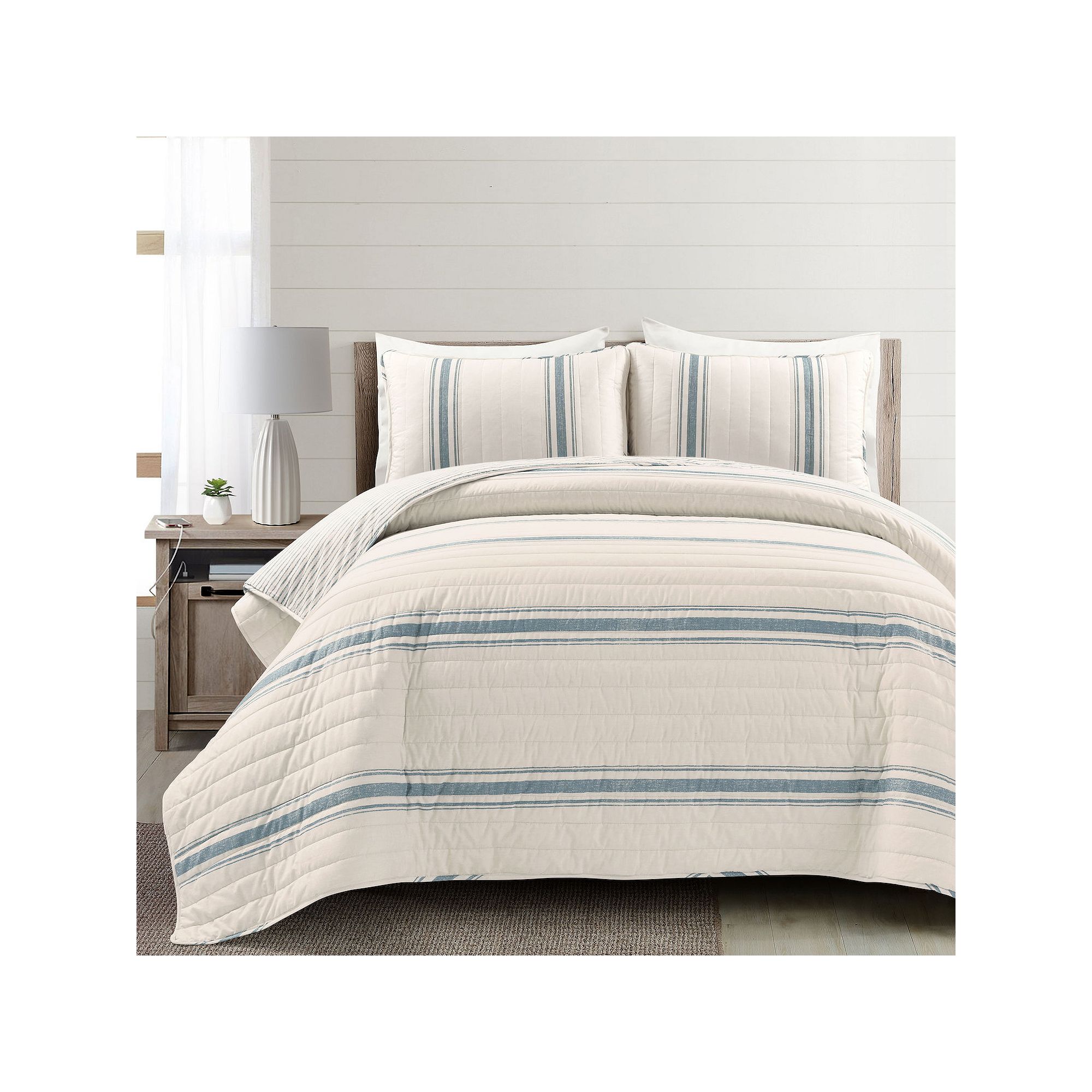 Lush Decor Farmhouse Stripe Reversible Cotton Quilt Set, Blue