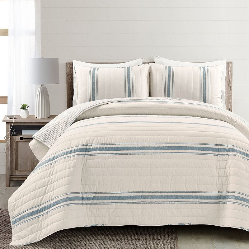 Lush Decor Farmhouse Stripe Reversible Cotton Quilt Set with Shams, Blue, F