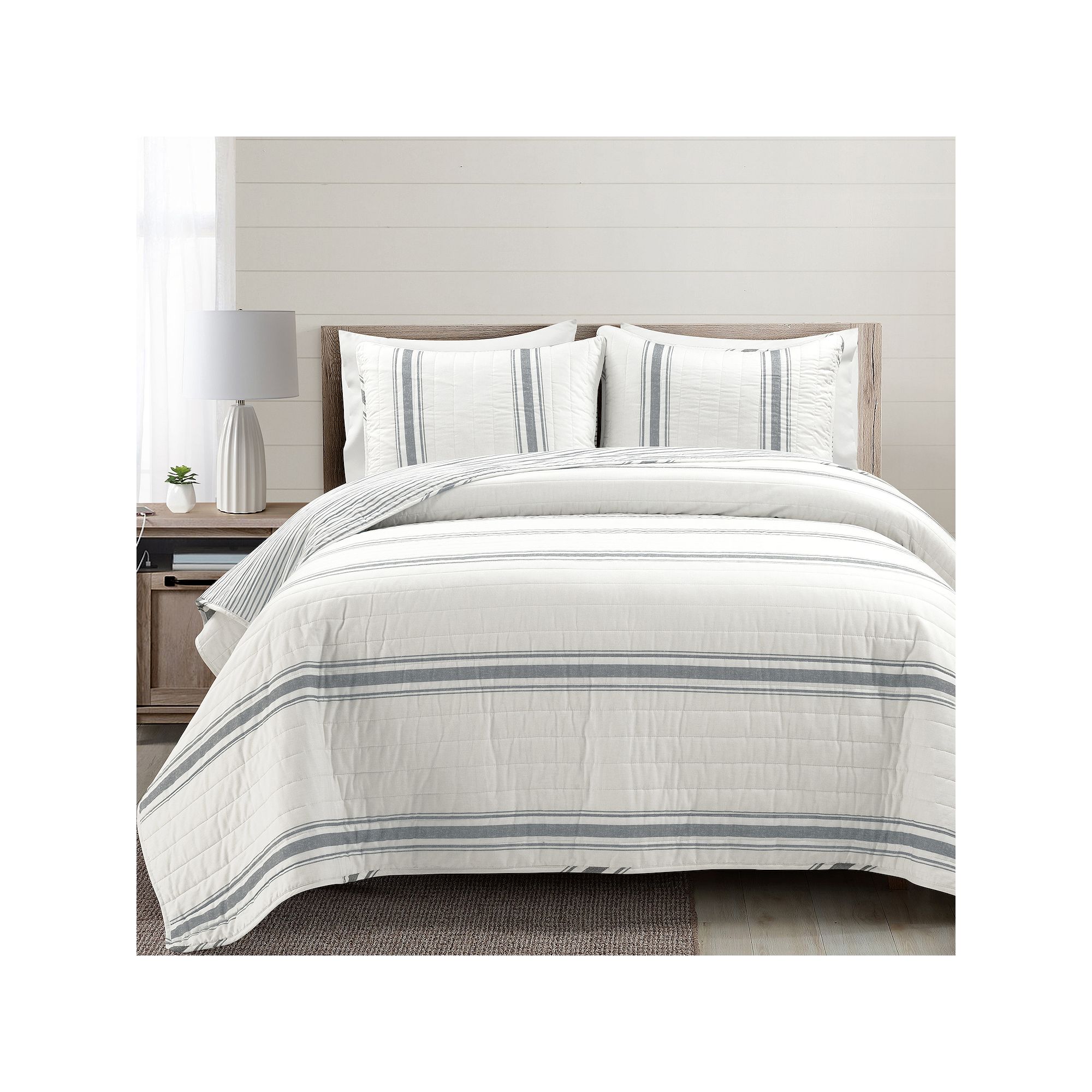 Lush Decor Farmhouse Stripe Reversible Cotton Quilt Set, Gray