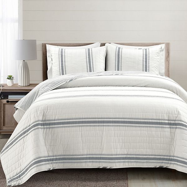 3pc Full/Queen Farmhouse Striped Reversible Quilt Bedding Set Gray - Lush D&#233;cor