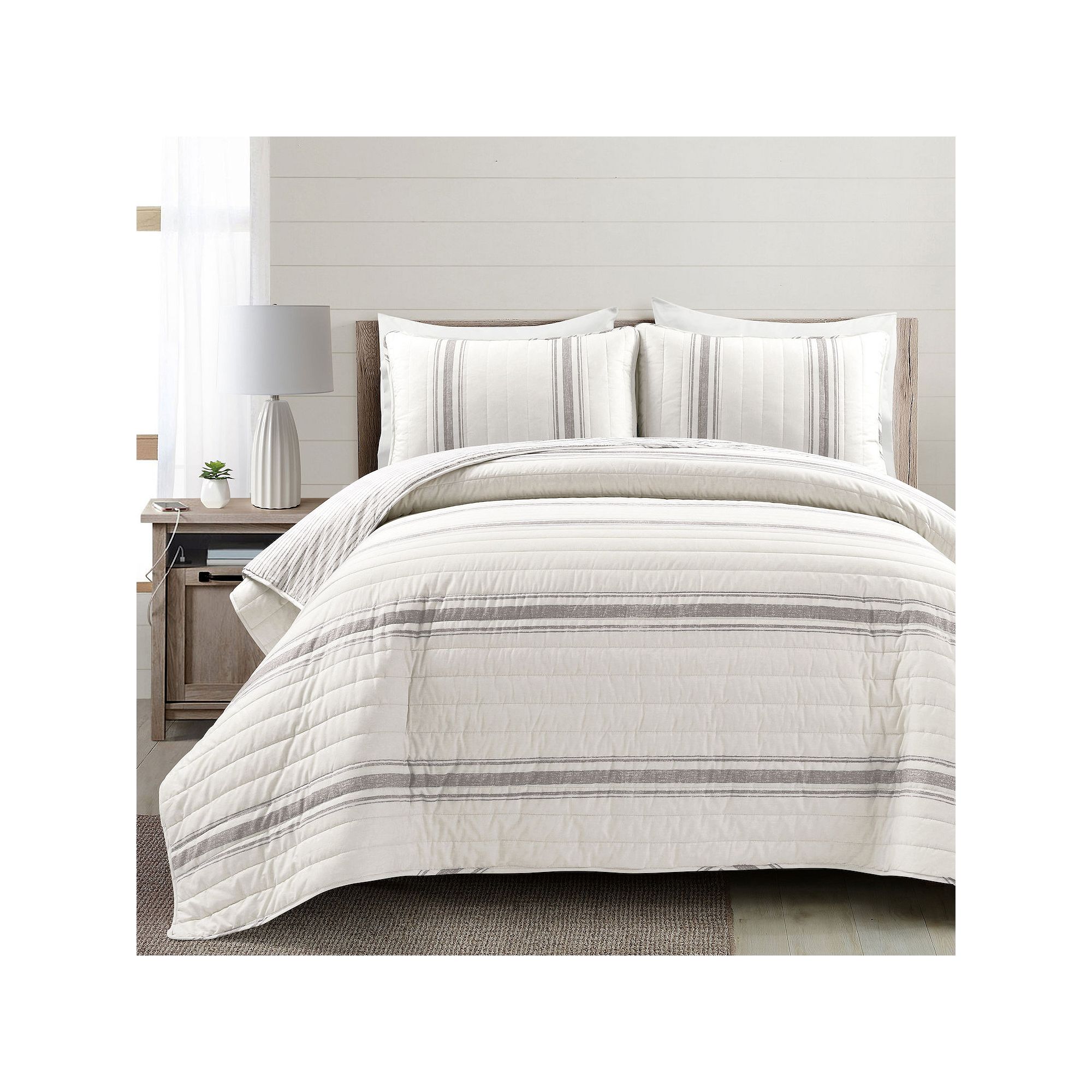 Lush Decor Farmhouse Stripe Reversible Cotton Quilt Set, Gray Beige