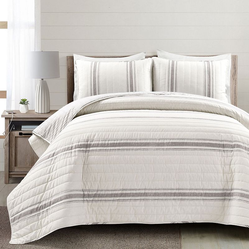 Lush Decor Farmhouse Stripe Reversible Cotton Quilt Set, Grey, Full/Queen