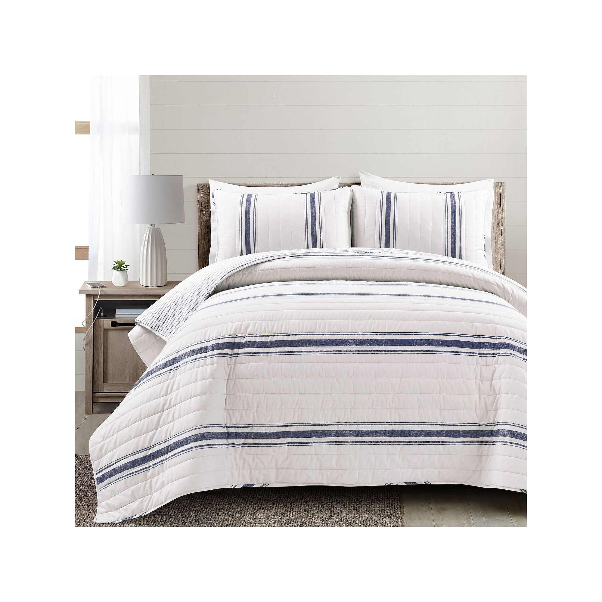 Lush Decor Farmhouse Stripe Reversible Cotton Quilt Set, Blue