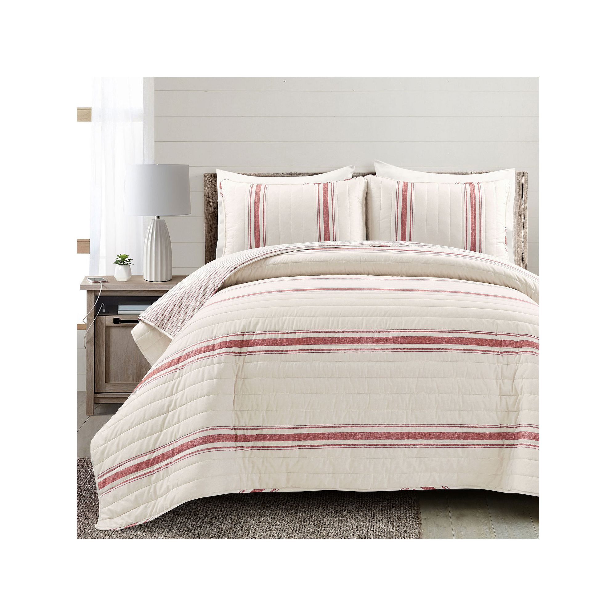 Lush Decor Farmhouse Stripe Reversible Cotton Quilt Set, Red
