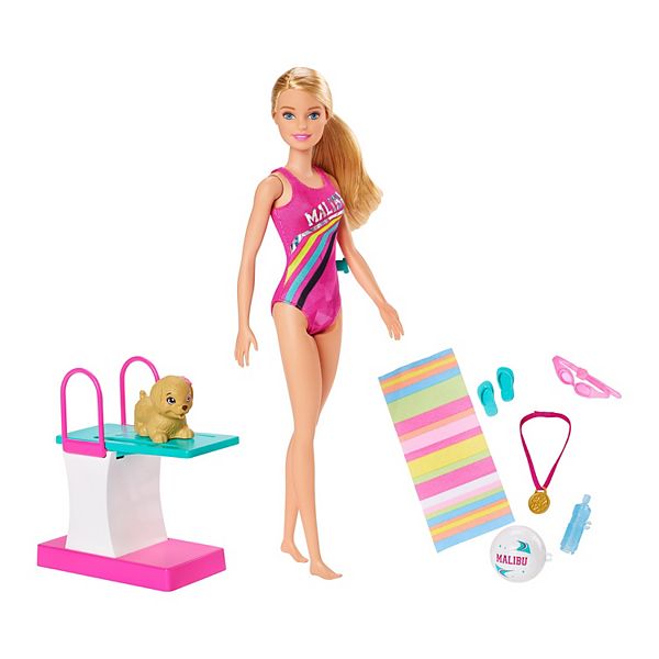 Barbie Doll and Pool Playset with Slide and Accessories, Brunette in Pink  Swimsuit