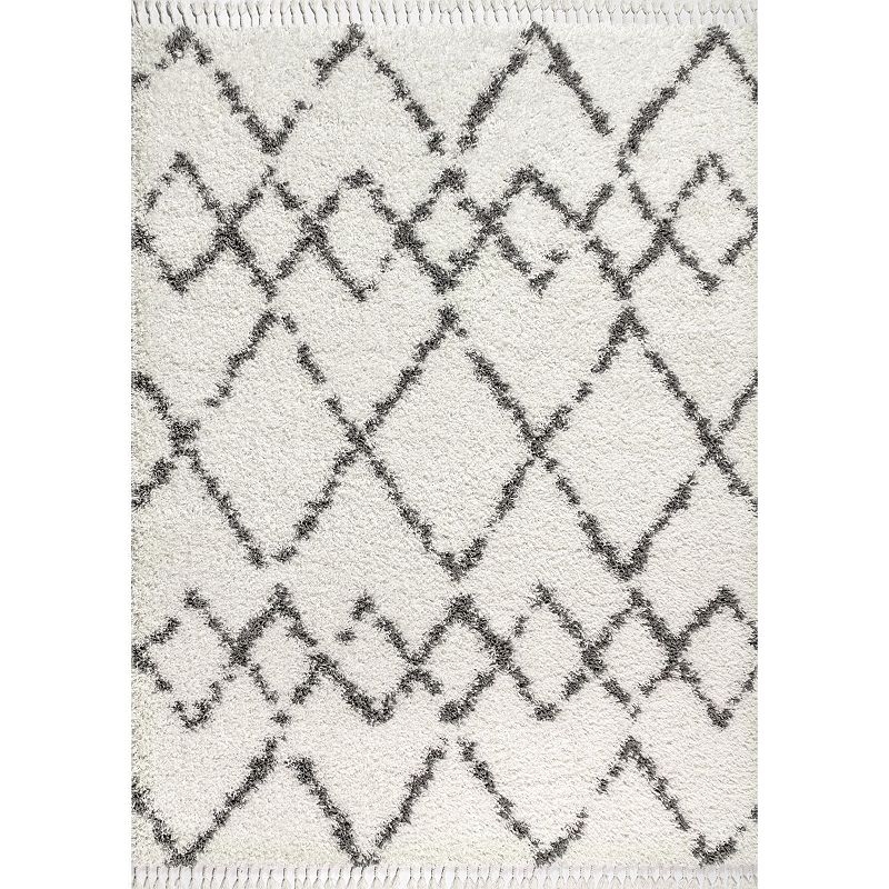 JONATHAN Y Mercer Shag Plush Tassel Moroccan Tribal Geometric Trellis Rug, White, 8X10 Ft