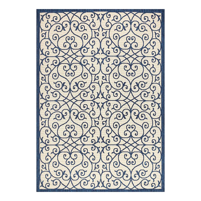 JONATHAN Y Madrid Vintage Filigree Textured Weave Indoor Outdoor Rug, Blue, 9X12 Ft