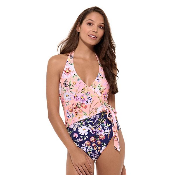 Women's Freshwater Mixed Print Faux-Wrap One-Piece Swimsuit