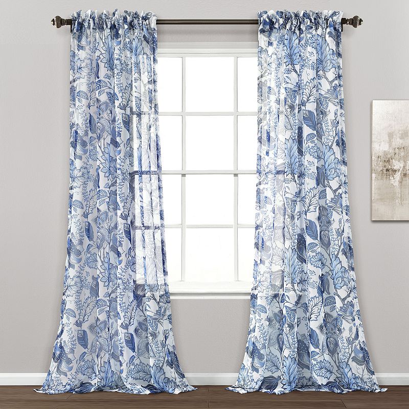 Lush Decor Cynthia Jacobean Sheer Window Curtain Set, Blue, 52X84