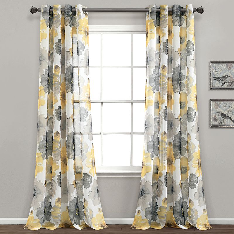 Lush Decor Leah Sheer Floral Metal Grommets Window Panel  84  x 52   Yellow/Gray  Pair
