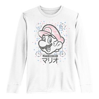 Boys 8-20 Nintendo Super Mario Kanji Retro Portrait Dot Colors Fleece Long-Sleeve Graphic Tee