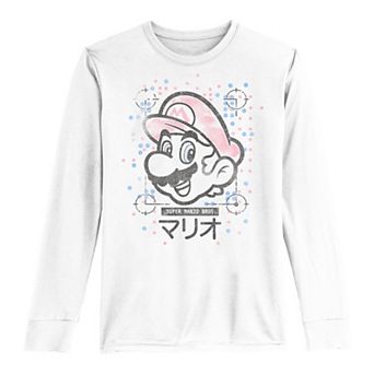 Boys 8-20 Nintendo Super Mario Kanji Retro Portrait Dot Colors Fleece Long-Sleeve Graphic Tee