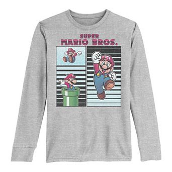 Boys 8-20 Super Mario Panels Mario Jumping Warp Pipe Stripes Long-Sleeve Graphic Tee