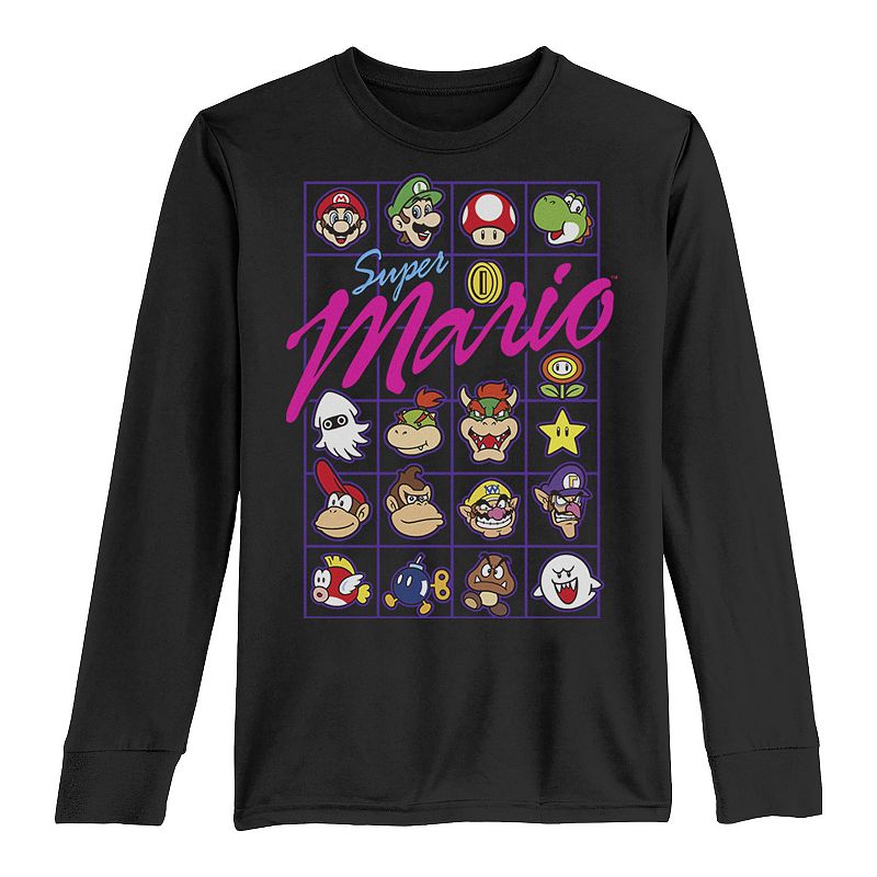 Boys 8-20 Nintendo Super Mario Video Game Character Selection Grid Long-Sleeve Graphic Tee, Boy's, Size: XL, Black