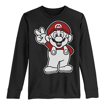 Boys 8-20 Nintendo Super Mario Red And White Peace Sign Fleece Long-Sleeve Graphic Tee