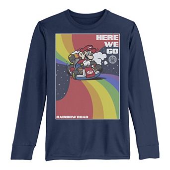 Boys 8-20 Mario Kart Mario Here We Go Rainbow Road Poster Long-Sleeve Graphic Tee