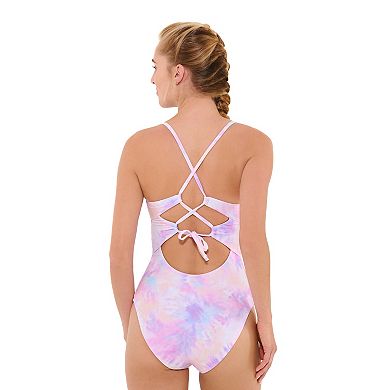 Juniors' Ninety-Nine Degrees V-neck Lace Up One-Piece Swimsuit