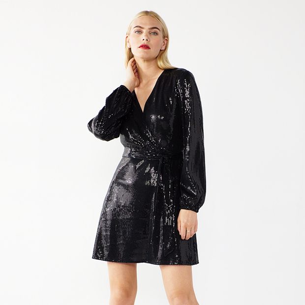 Jojo Off Shoulder Sleeves Sequin Mini Wrap Dress