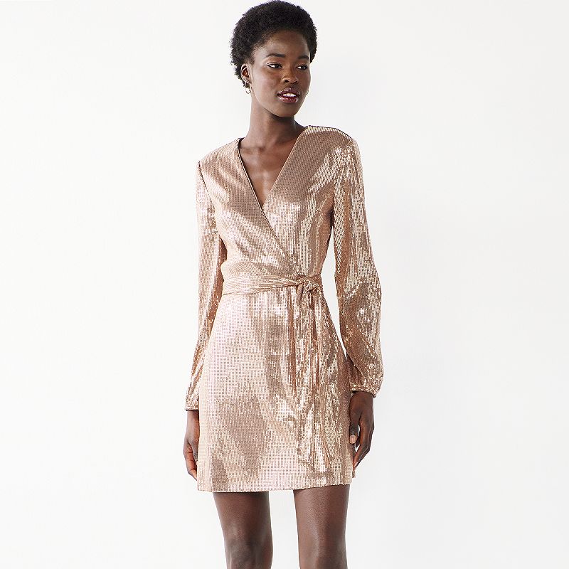 nine west gold dress Women's Cara Santana x Sequin Faux-Wrap Mini dress