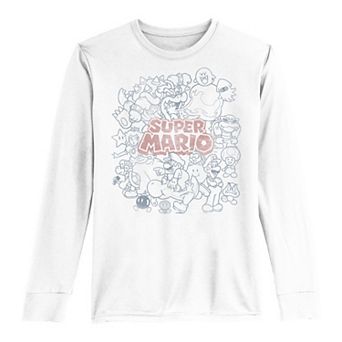 Boys 8-20 Super Mario Group Shot Line Art Red Logo Long-Sleeve Graphic Tee